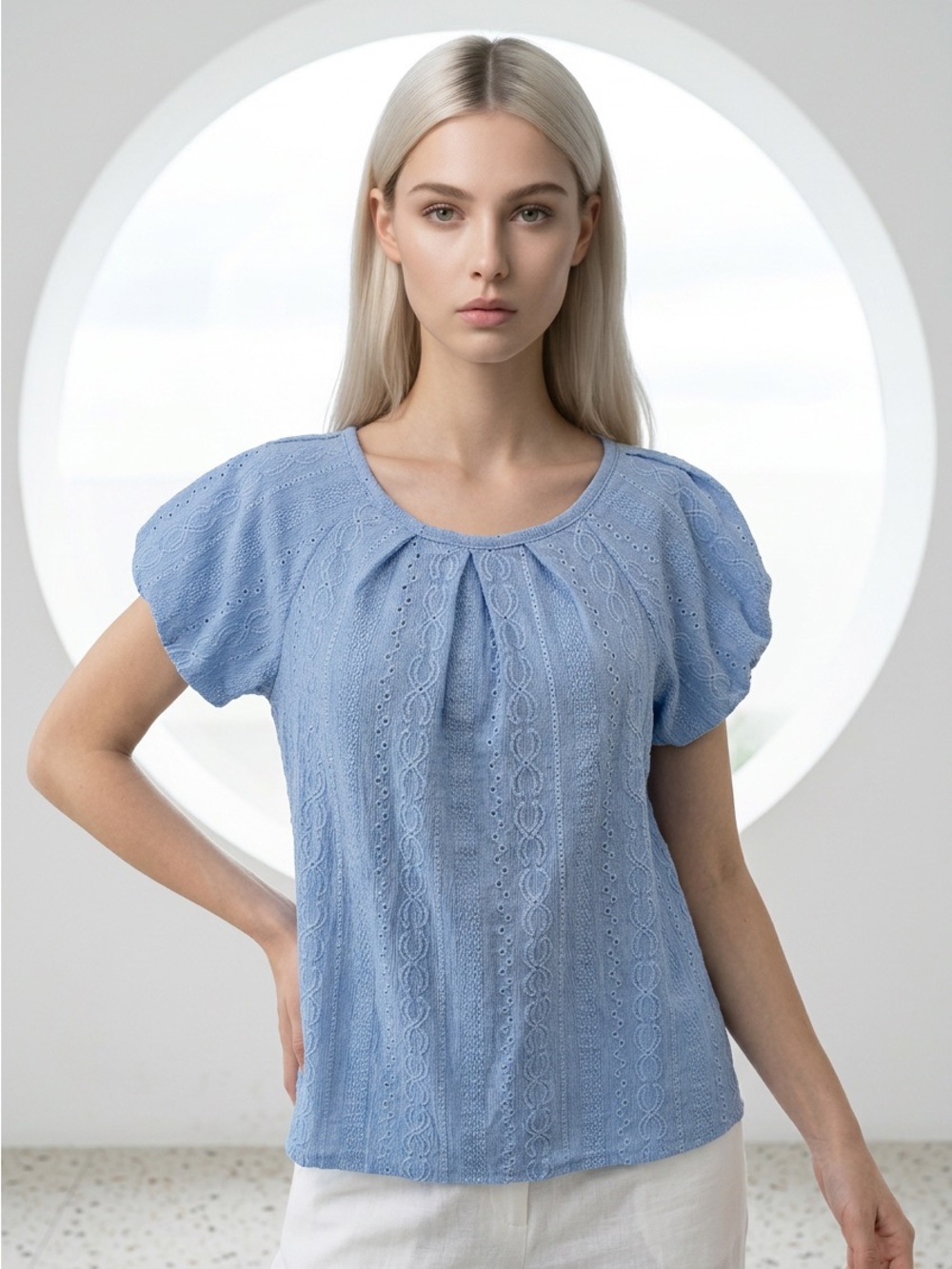 Cable & Gauge Women’s Small Short Puff Sleeve Boat Neck Open Knit Blouse